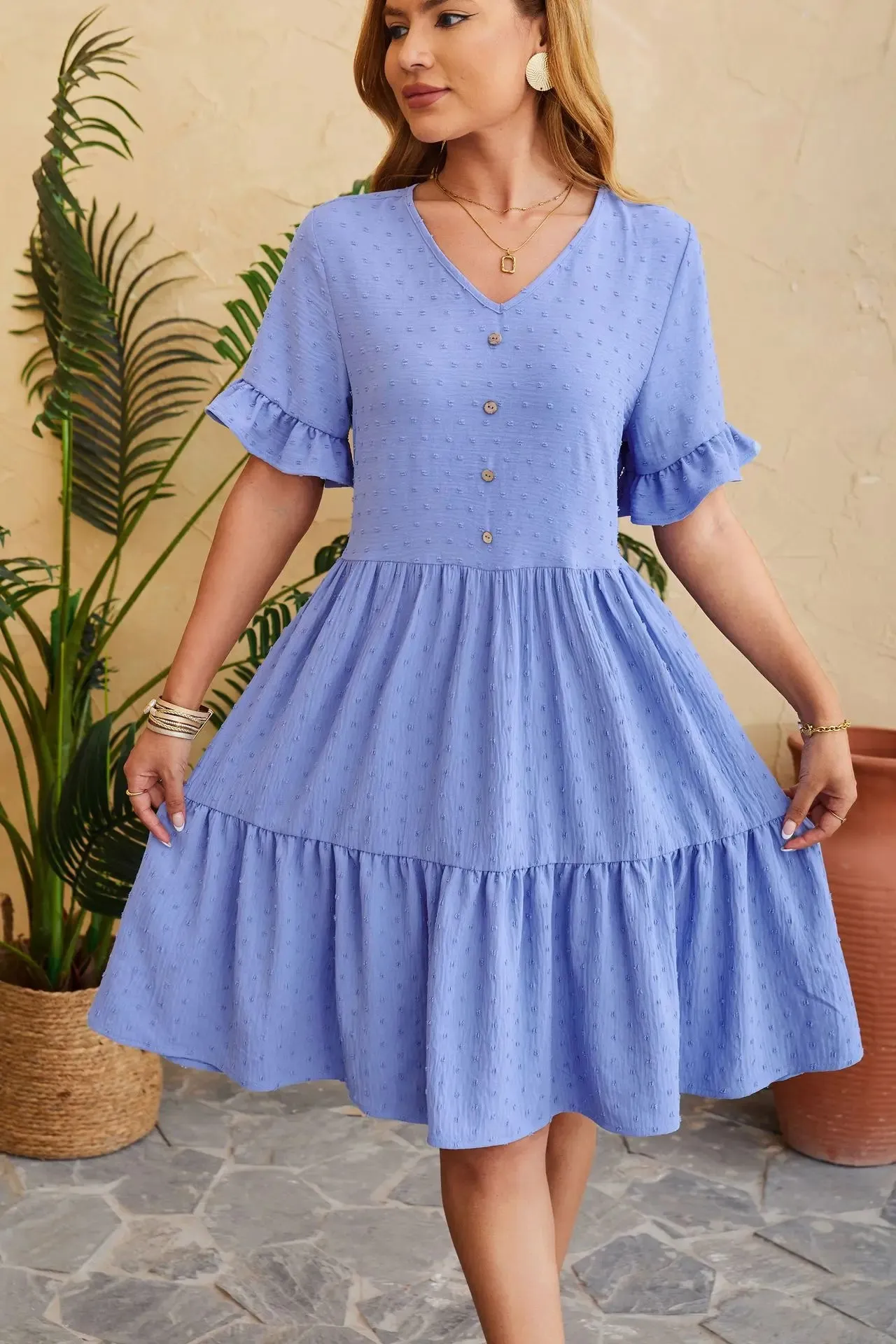 New Jacquard Five-quarter Pleat Polka LOOSE Midi Dresses