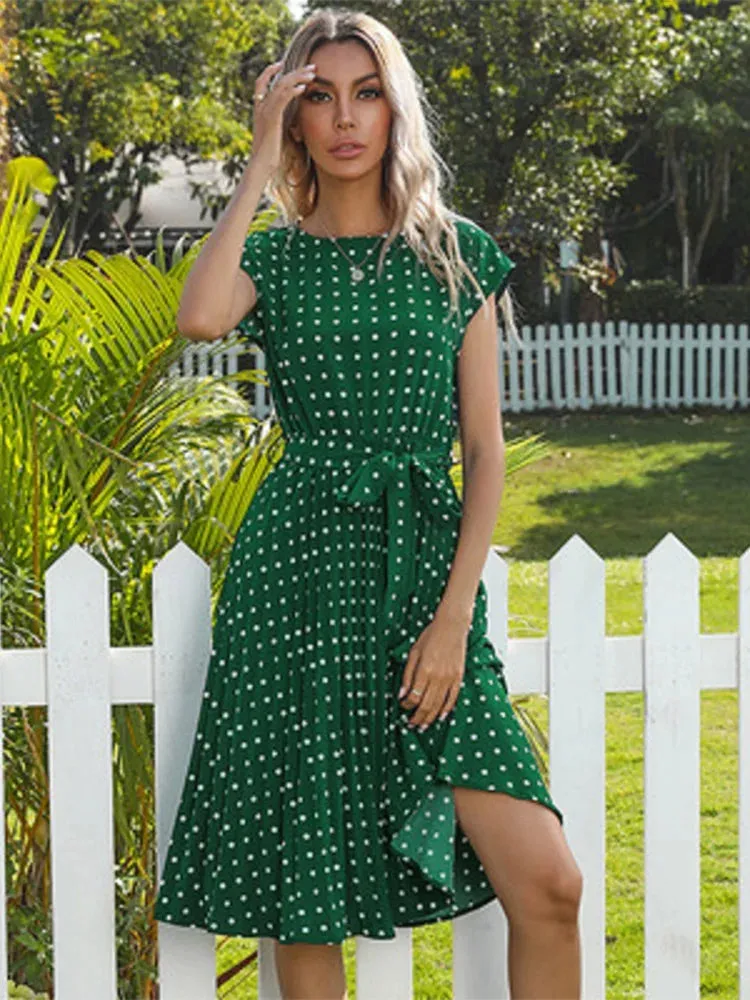 New Summer Polka Dots Pleated Waist Office Green Dinner Midi Dresses