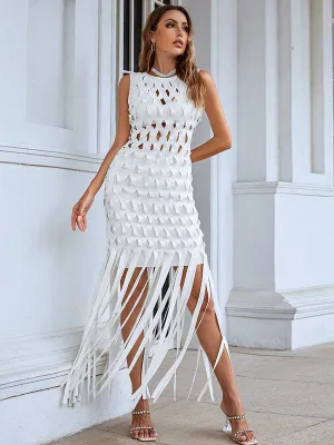 Nvuvu Reinette White Hollow-carved Tassel Mini Dress