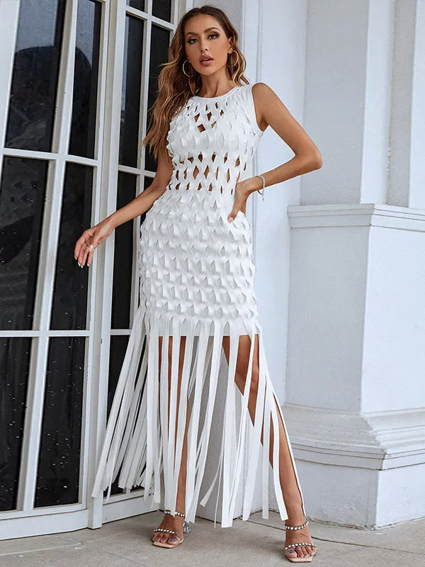 Nvuvu Reinette White Hollow-carved Tassel Mini Dress