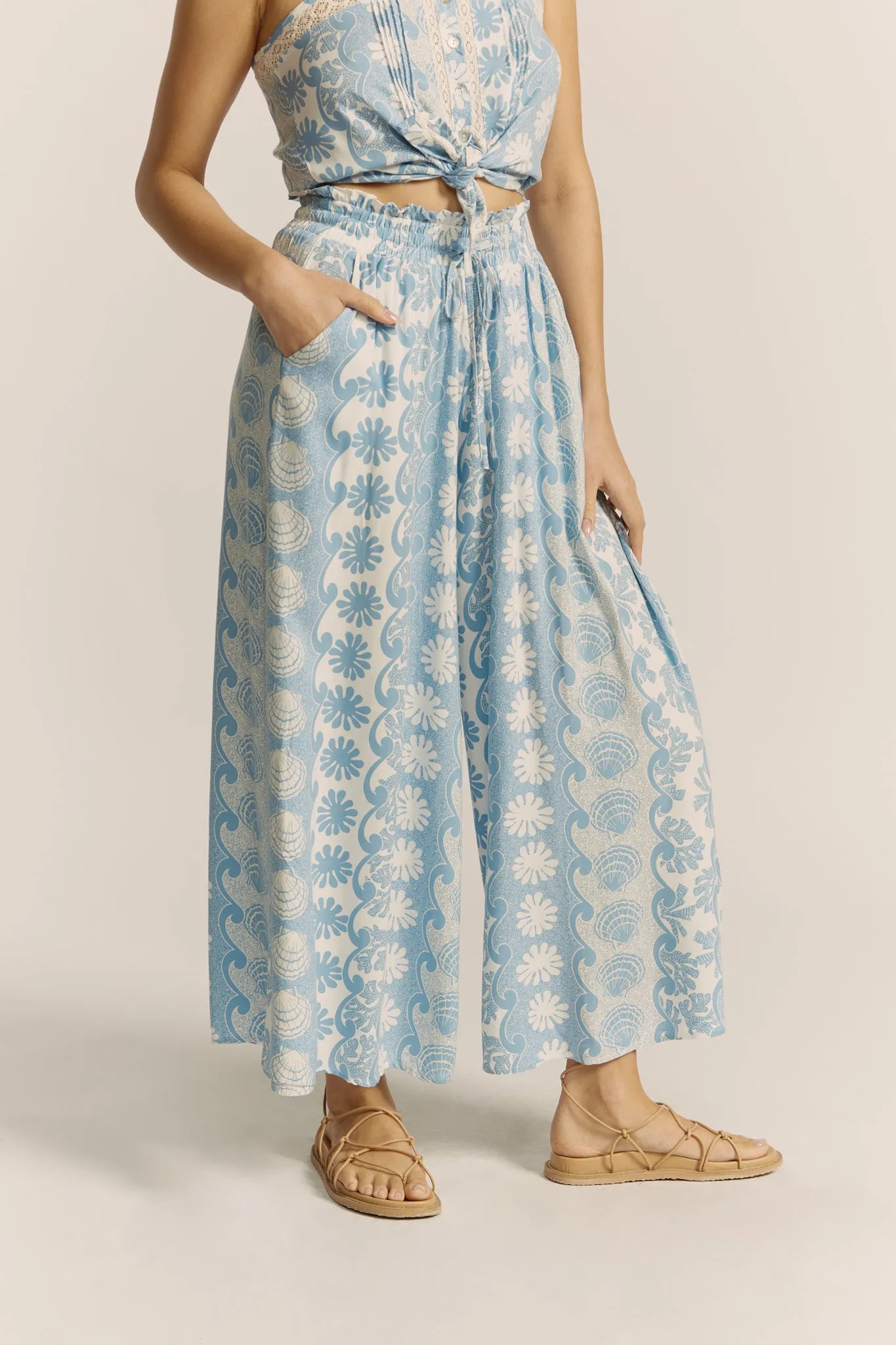 Oceane Blue Abstract Wide Leg Pants