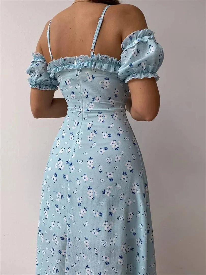 Off Shoulder Frilly Suspender V-neck Split Floral A-Line Midi Dress