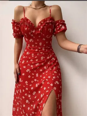 Off Shoulder Frilly Suspender V-neck Split Floral A-Line Midi Dress