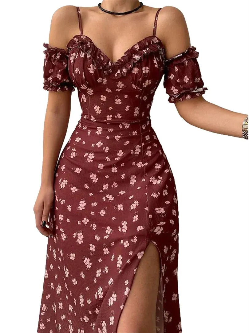 Off Shoulder Frilly Suspender V-neck Split Floral A-Line Midi Dress