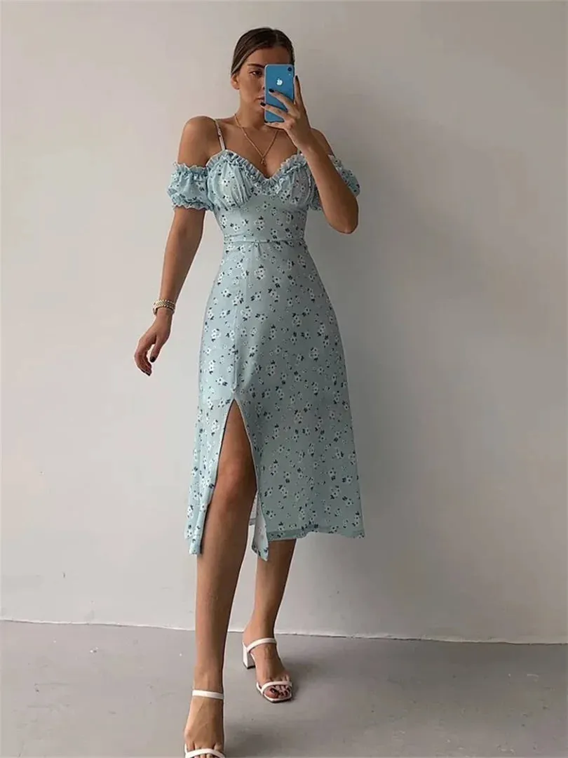 Off Shoulder Frilly Suspender V-neck Split Floral A-Line Midi Dress