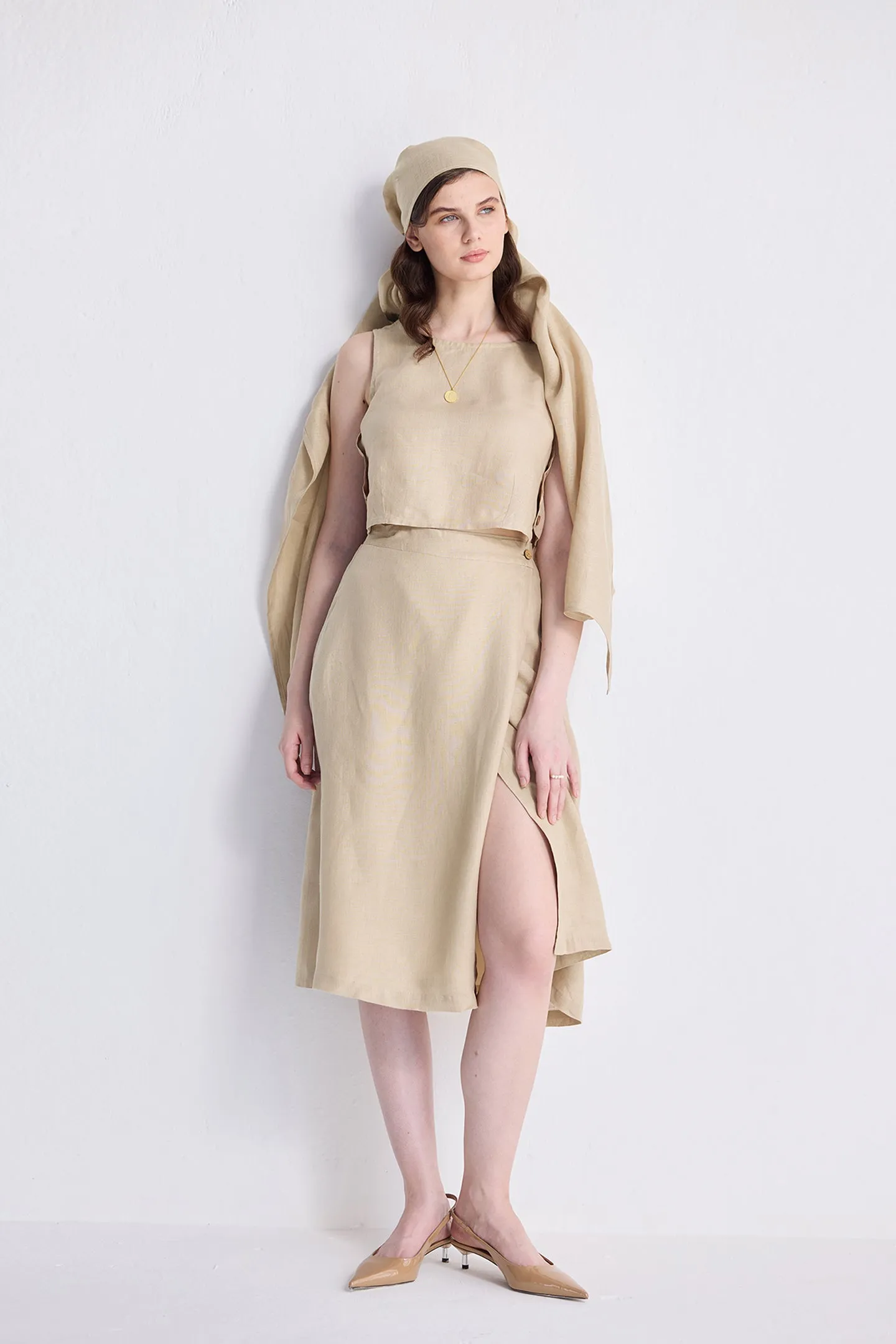 Overlap Midi Skirt in Neutral Beige