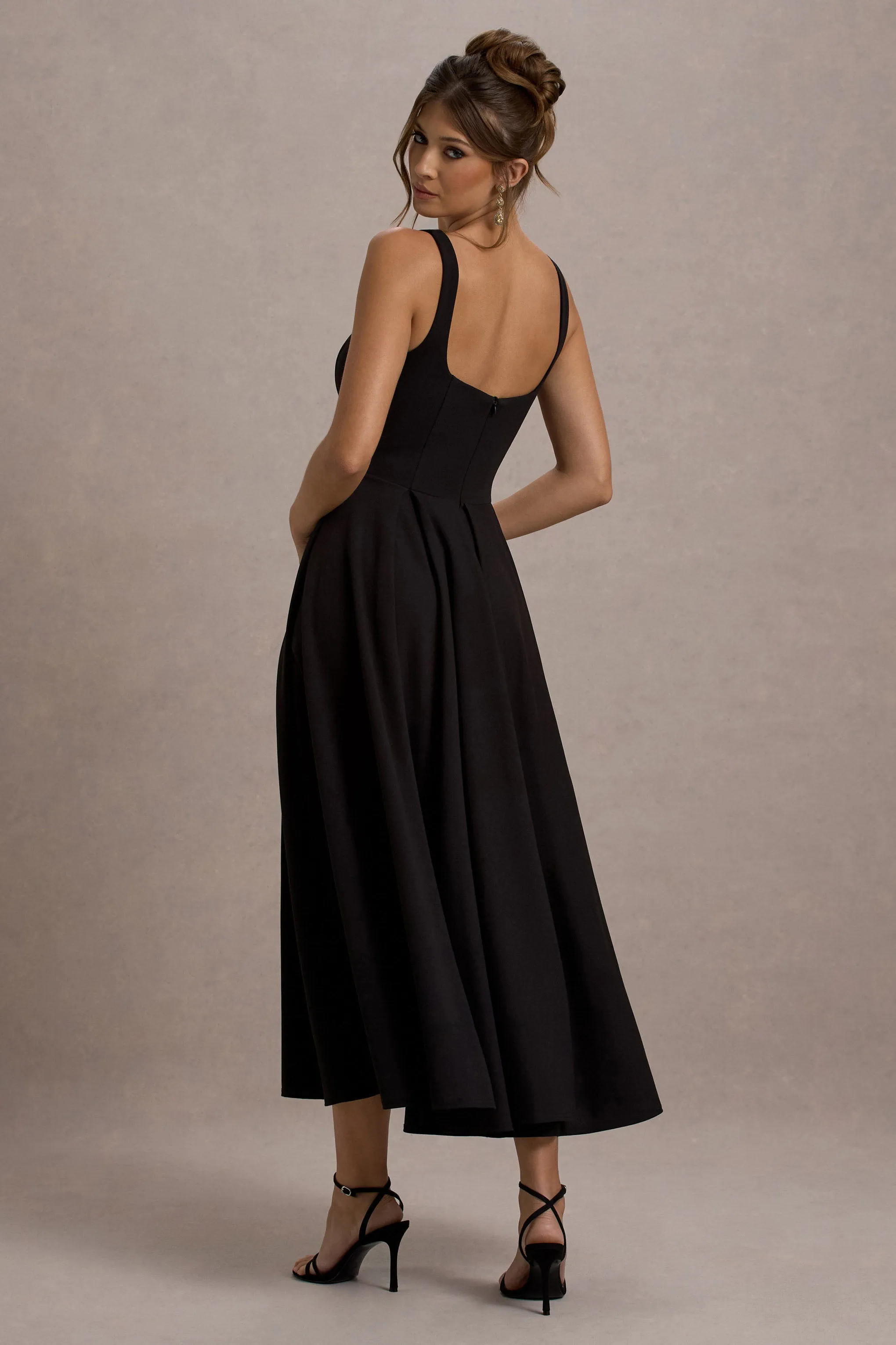 Parina | Black Strappy Volume-Hem Midi Dress