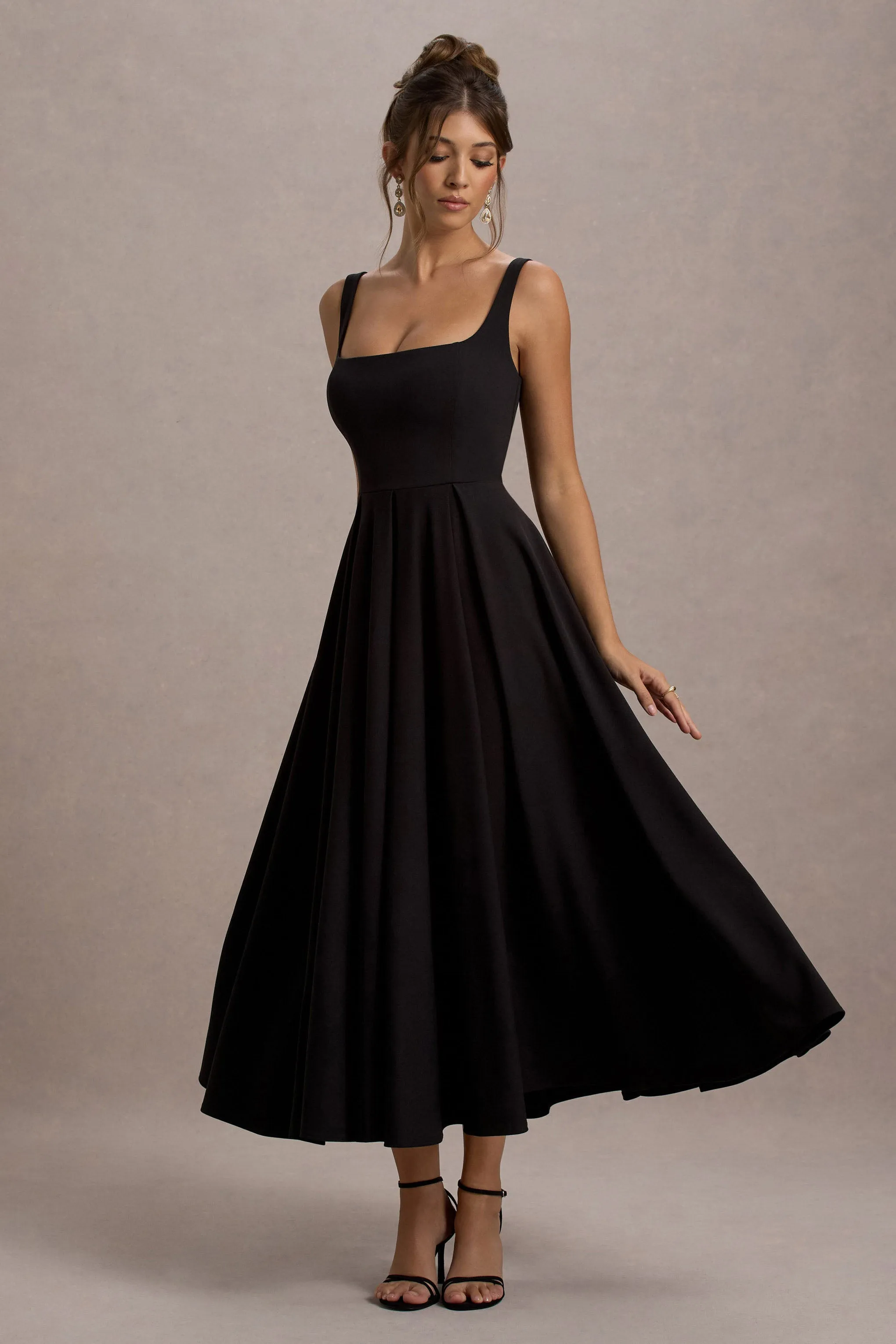 Parina | Black Strappy Volume-Hem Midi Dress