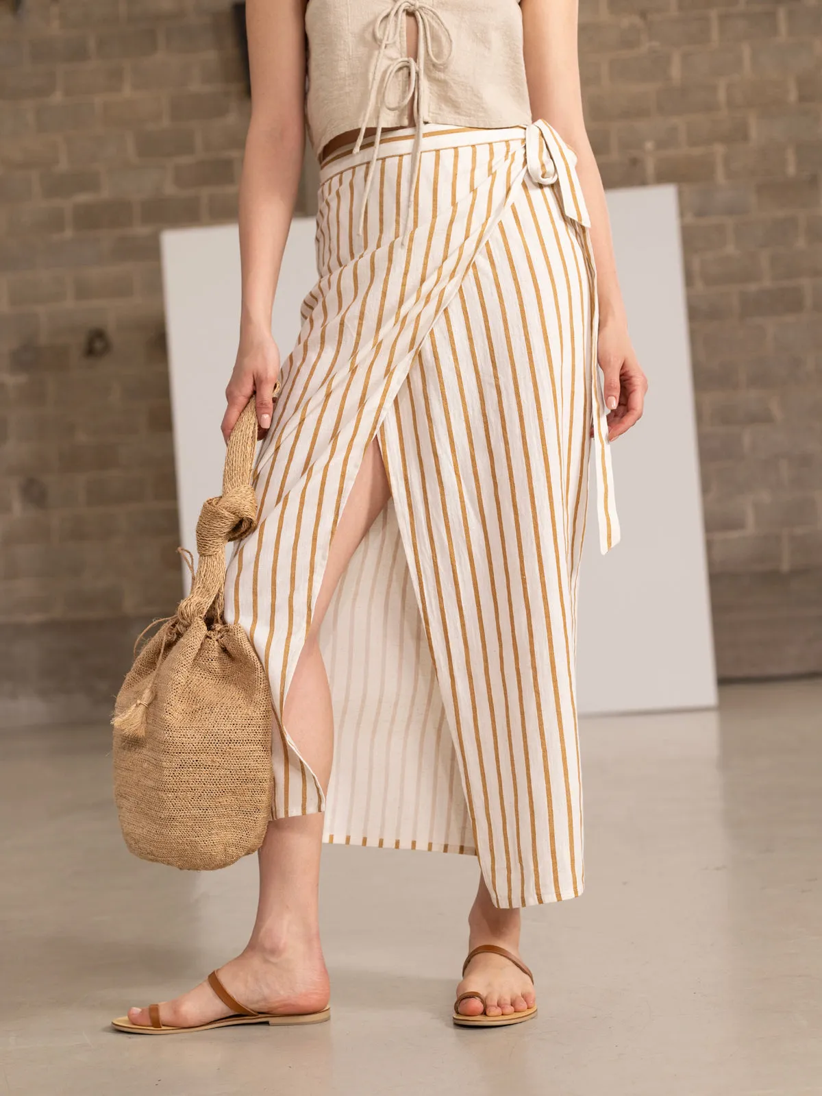 PAROS STRIPED MIDI WRAP SKIRT