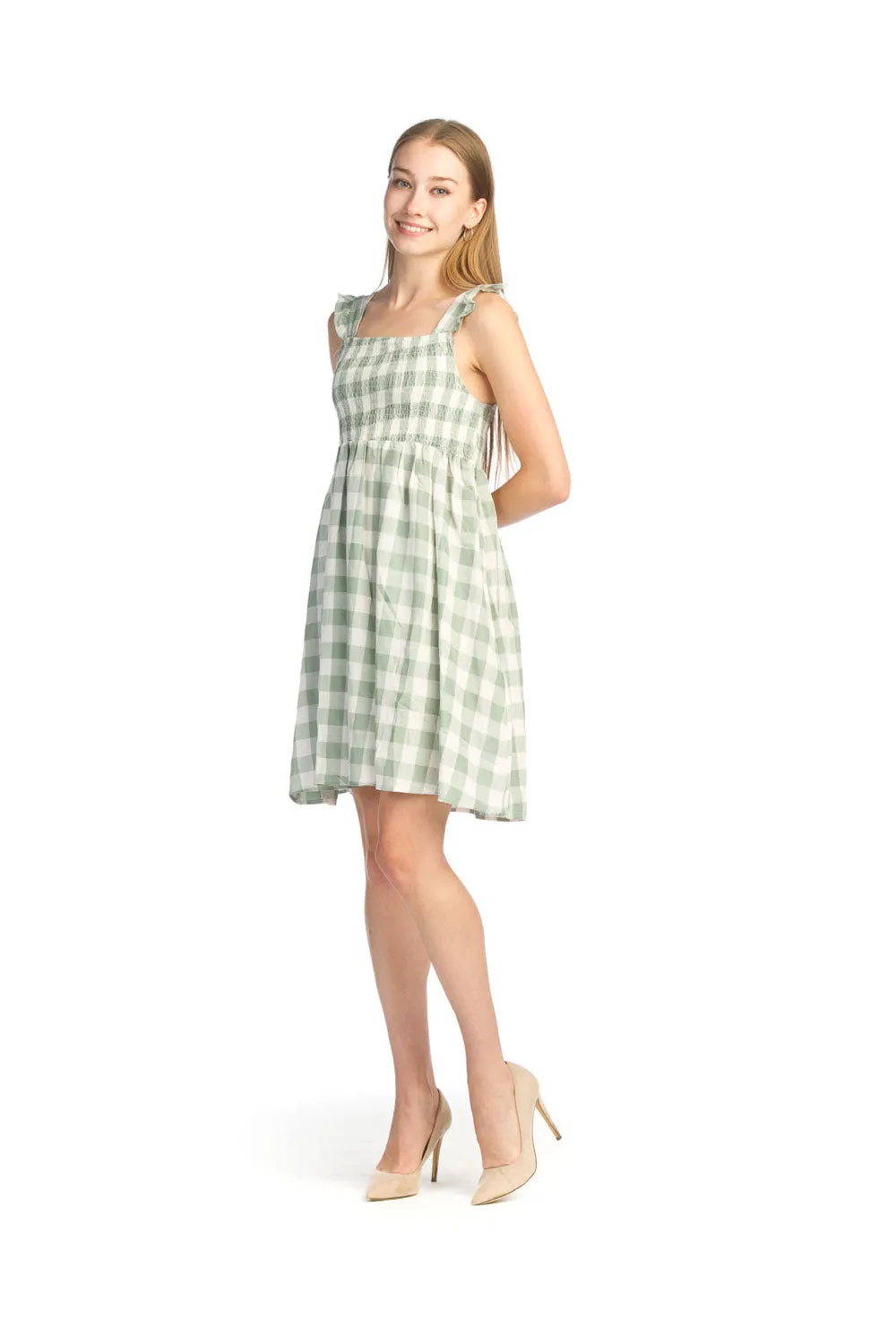 PD14621 GREEN Gingham Print Babydoll Dress with Ruffle Sleeves