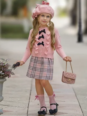 Pearled and Fab Ruffled Cardigan and Plaid Skirt Set