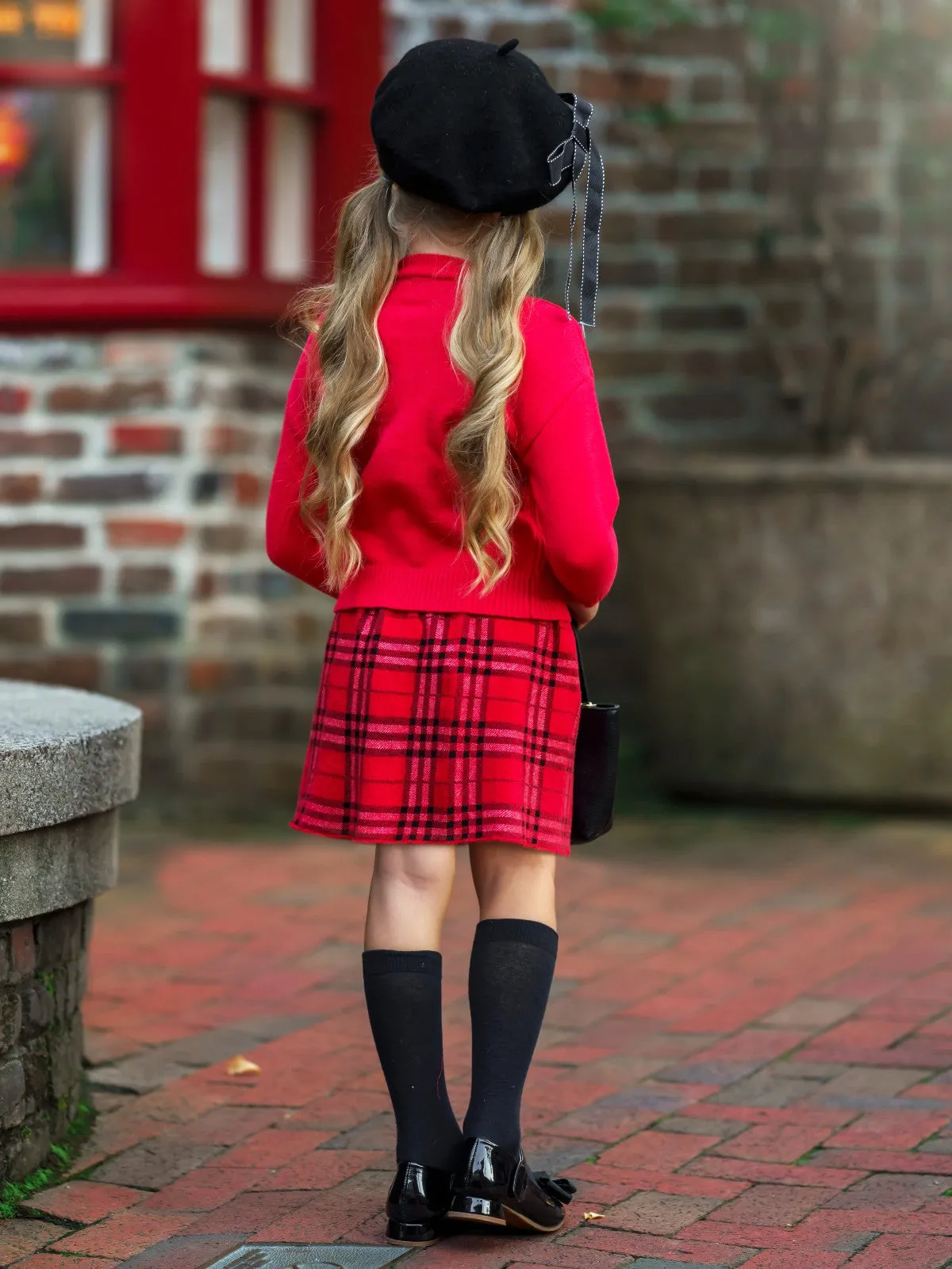 Pearled and Fab Ruffled Sweater and Plaid Skirt Set