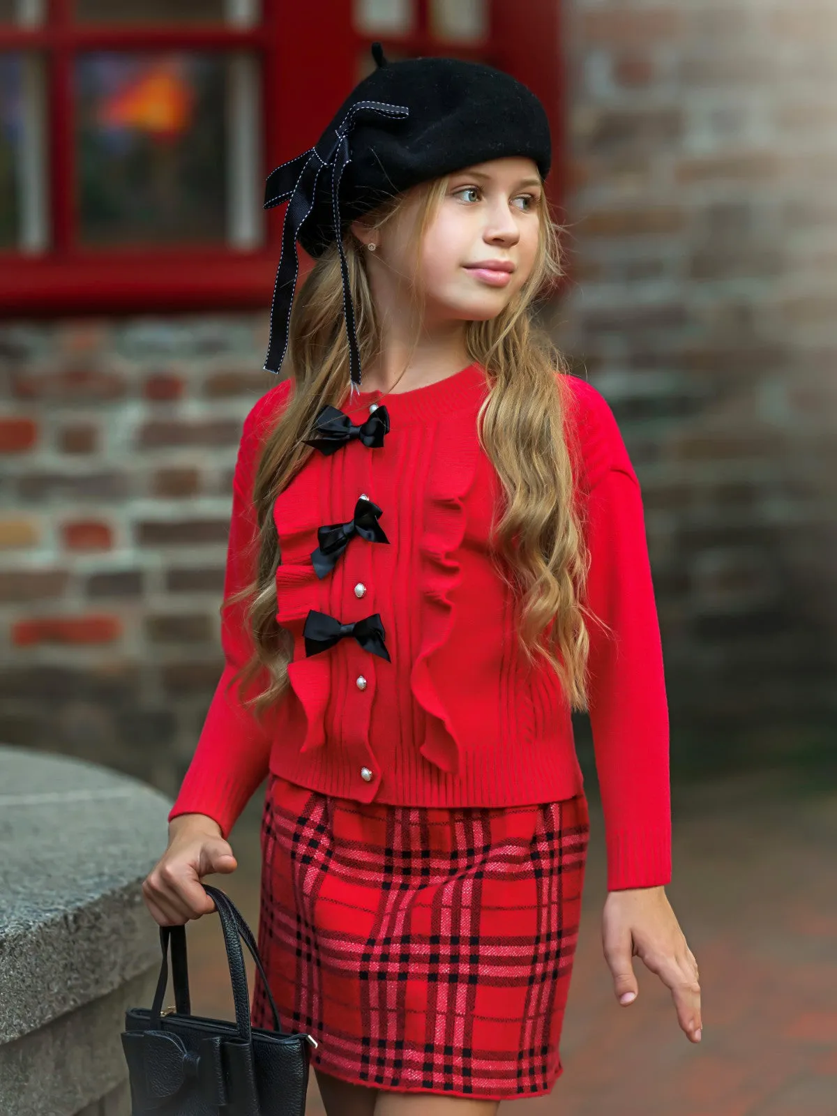 Pearled and Fab Ruffled Sweater and Plaid Skirt Set