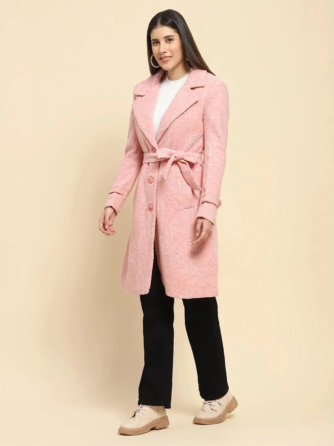 Pink Poly Acrylic Embroidered Relaxed Fit Long Coat For Winter