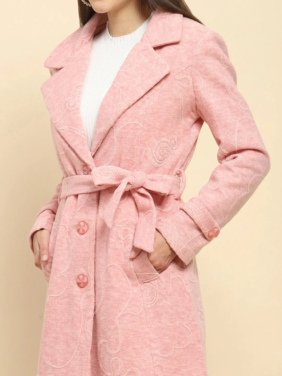 Pink Poly Acrylic Embroidered Relaxed Fit Long Coat For Winter