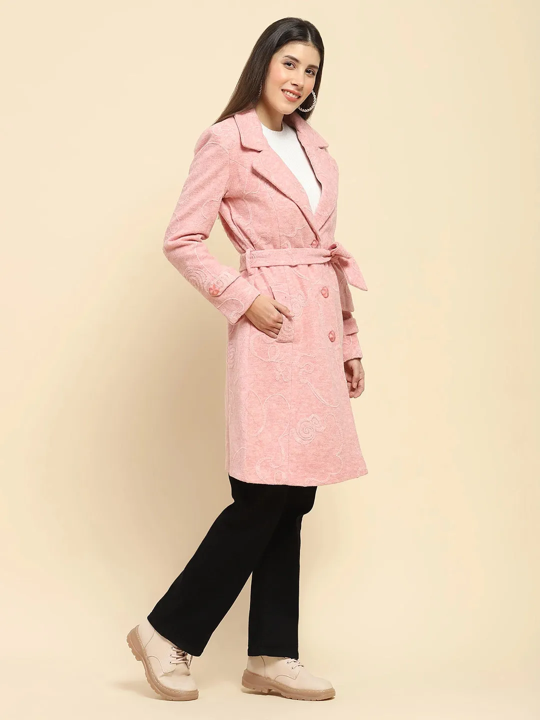 Pink Poly Acrylic Embroidered Relaxed Fit Long Coat For Winter