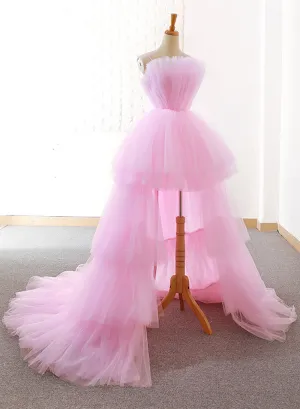 Pink Strapless Tulle High Low Prom Dress, Beautiful A-Line Evening Party Dress