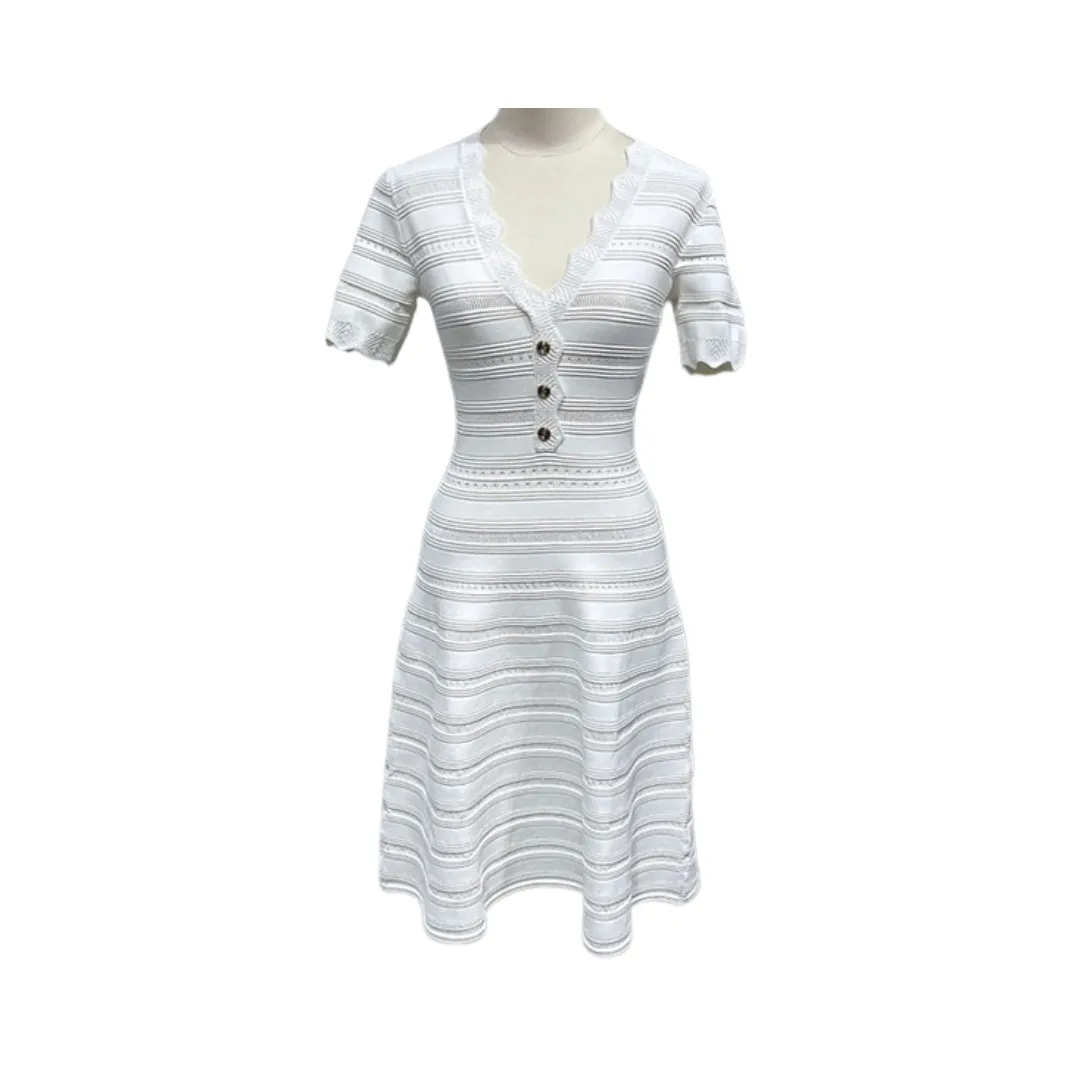 Pre Order:  Hollow V-neck A-Line Knitted Mid-Length Dress