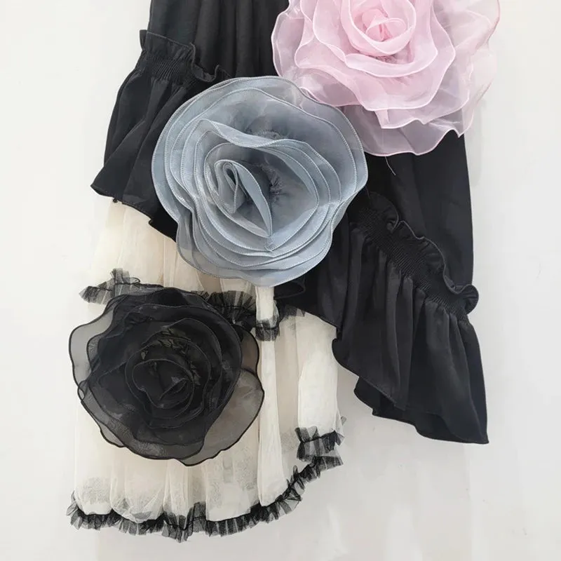 Pre Order:  Mesh Patchwork High Elastic Waist Flowers A-Line Skirt