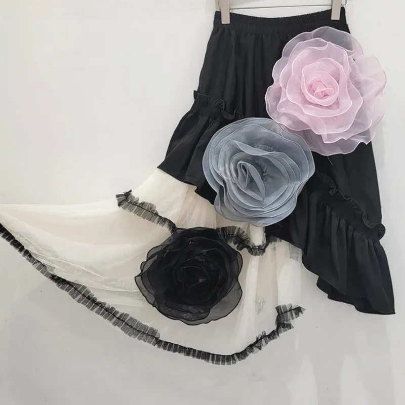 Pre Order:  Mesh Patchwork High Elastic Waist Flowers A-Line Skirt