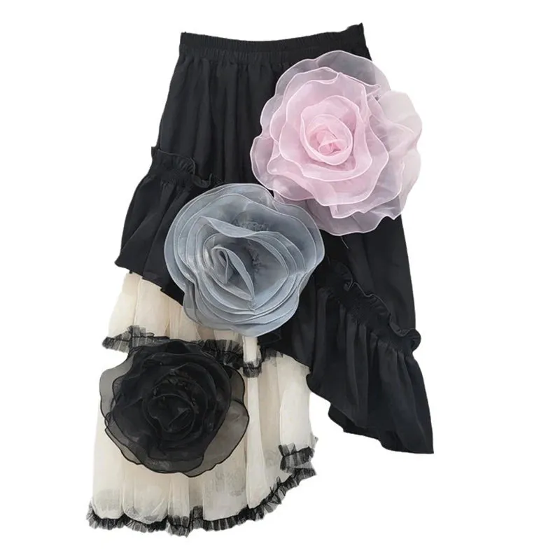 Pre Order:  Mesh Patchwork High Elastic Waist Flowers A-Line Skirt