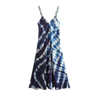 Pre Order:  Two-Tone Blue Tie-Dye V-Neck Sleeveless Midi Dress