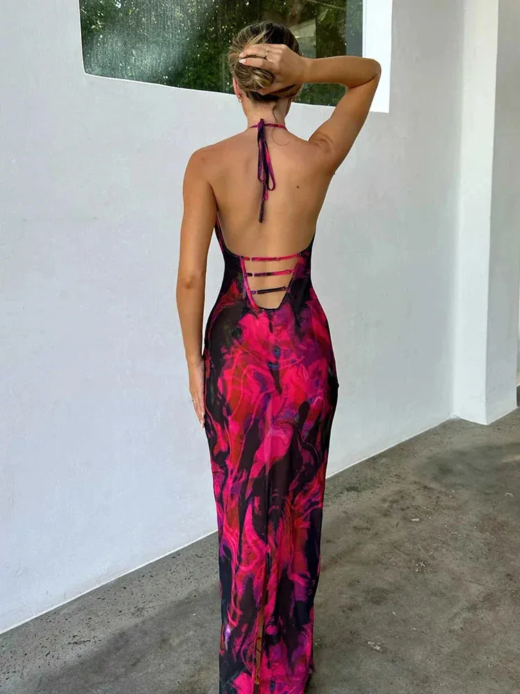 Print Elegant Halter Spring Summer Backless Nightclub Sexy Slim Bodycon Midi Dress