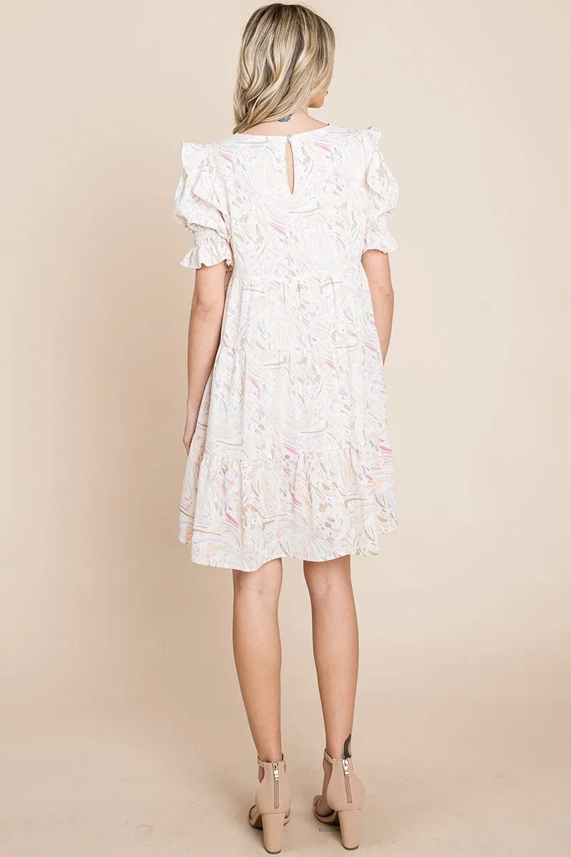 Printed Ruffle Short Sleeve Tiered Swing Dress