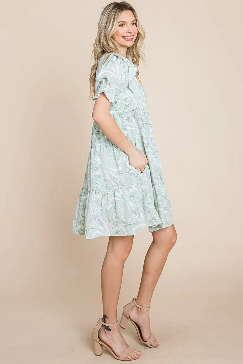 Printed Ruffle Short Sleeve Tiered Swing Dress