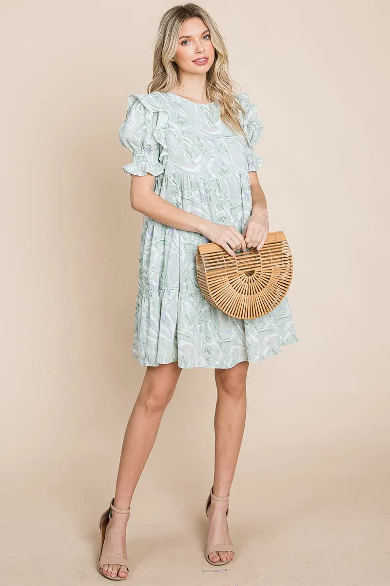 Printed Ruffle Short Sleeve Tiered Swing Dress