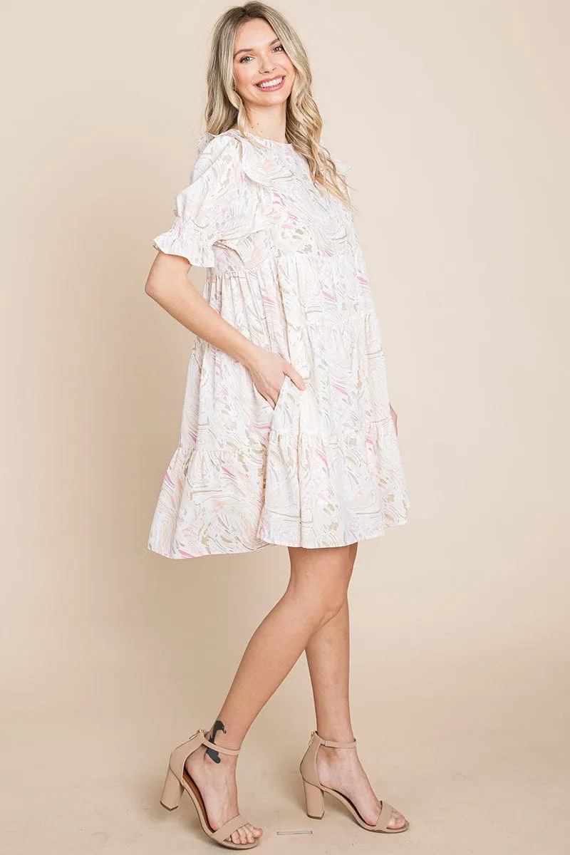 Printed Ruffle Short Sleeve Tiered Swing Dress