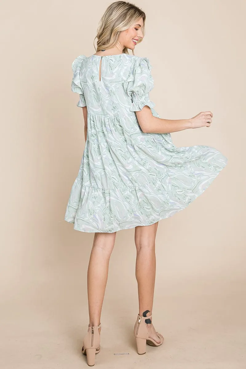 Printed Ruffle Short Sleeve Tiered Swing Dress