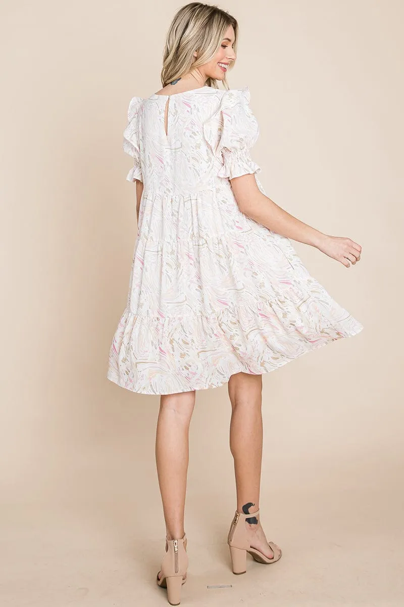 Printed Ruffle Short Sleeve Tiered Swing Dress