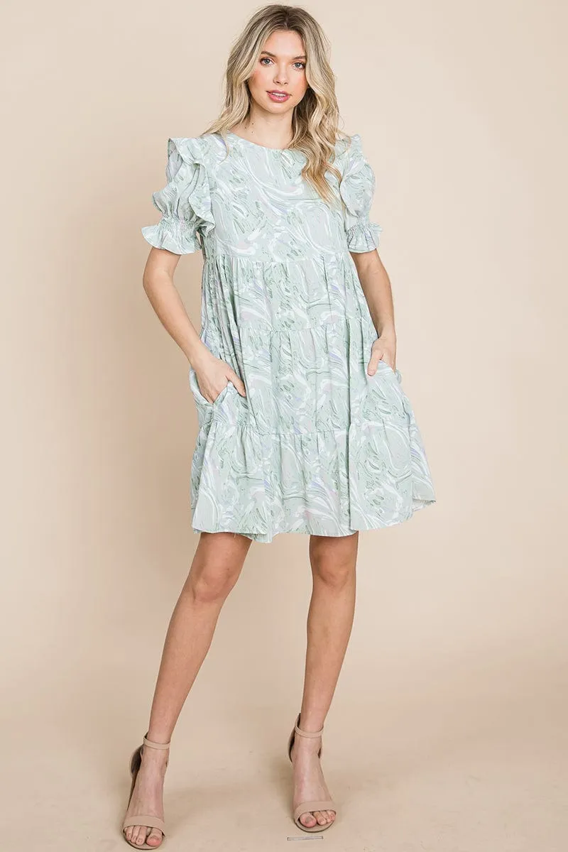 Printed Ruffle Short Sleeve Tiered Swing Dress