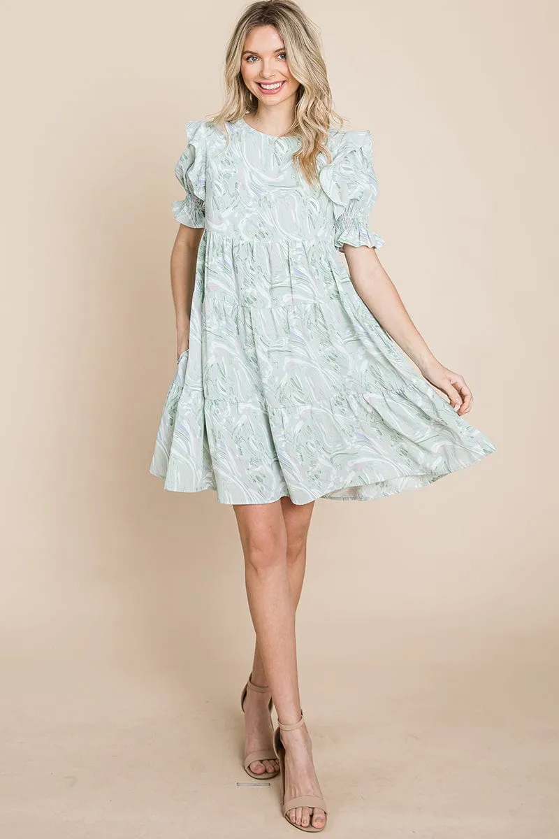 Printed Ruffle Short Sleeve Tiered Swing Dress