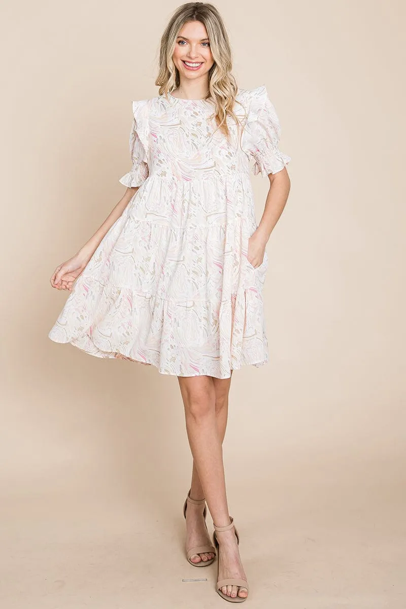 Printed Ruffle Short Sleeve Tiered Swing Dress