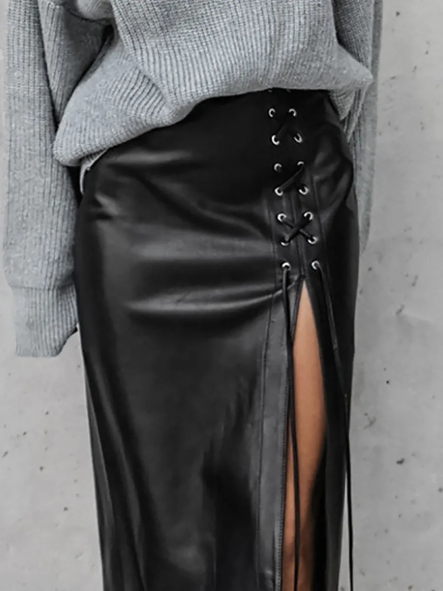 Punk Lace-up PU Leather Skirt