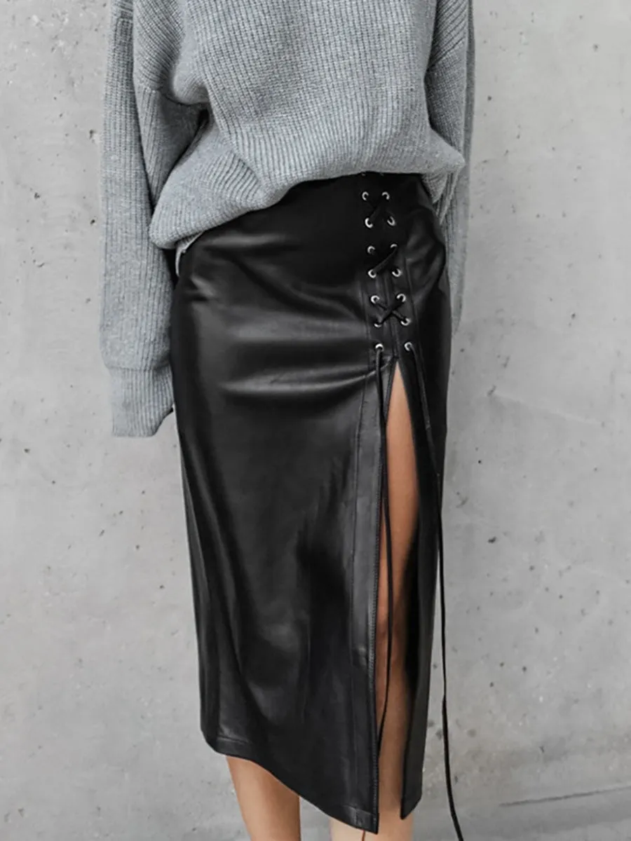 Punk Lace-up PU Leather Skirt