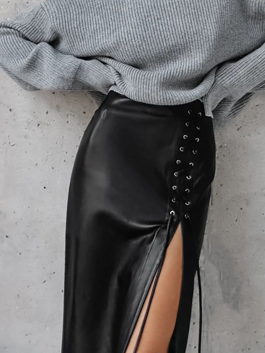 Punk Lace-up PU Leather Skirt