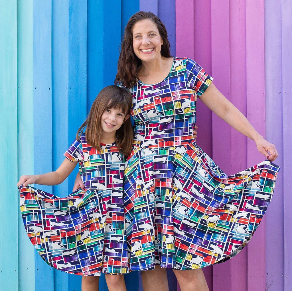 "Check Meowt" Rainbow Books & Cats Super Twirler Dress with Pockets