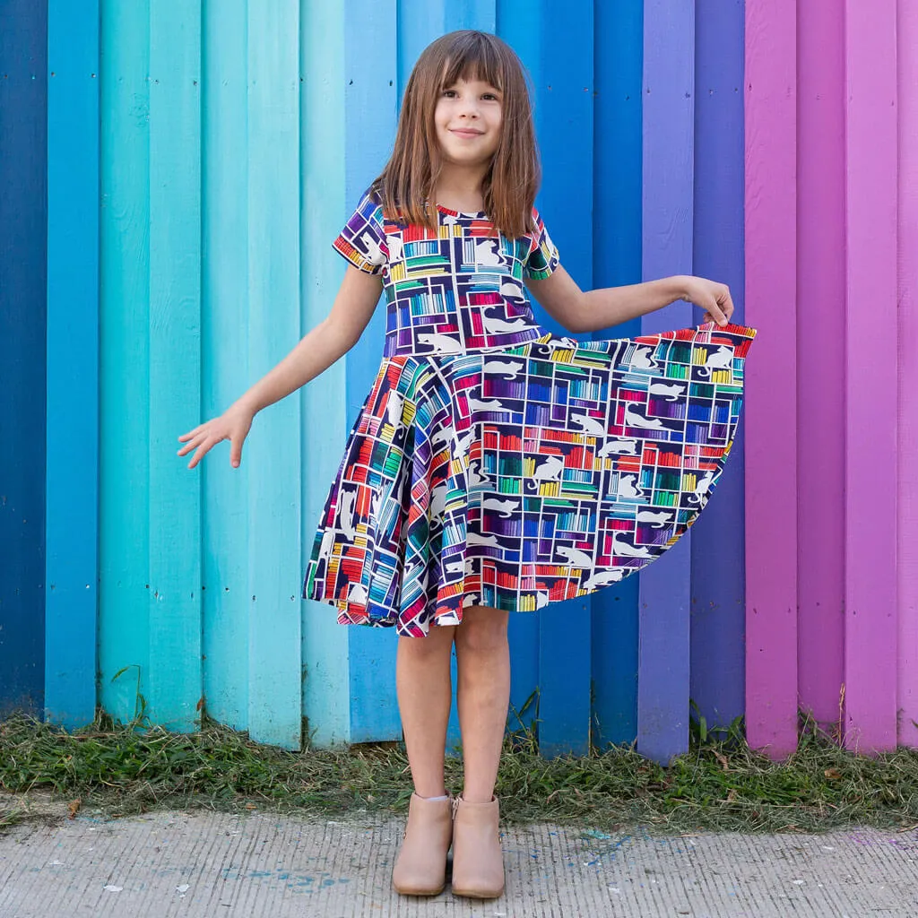 "Check Meowt" Rainbow Books & Cats Super Twirler Dress with Pockets