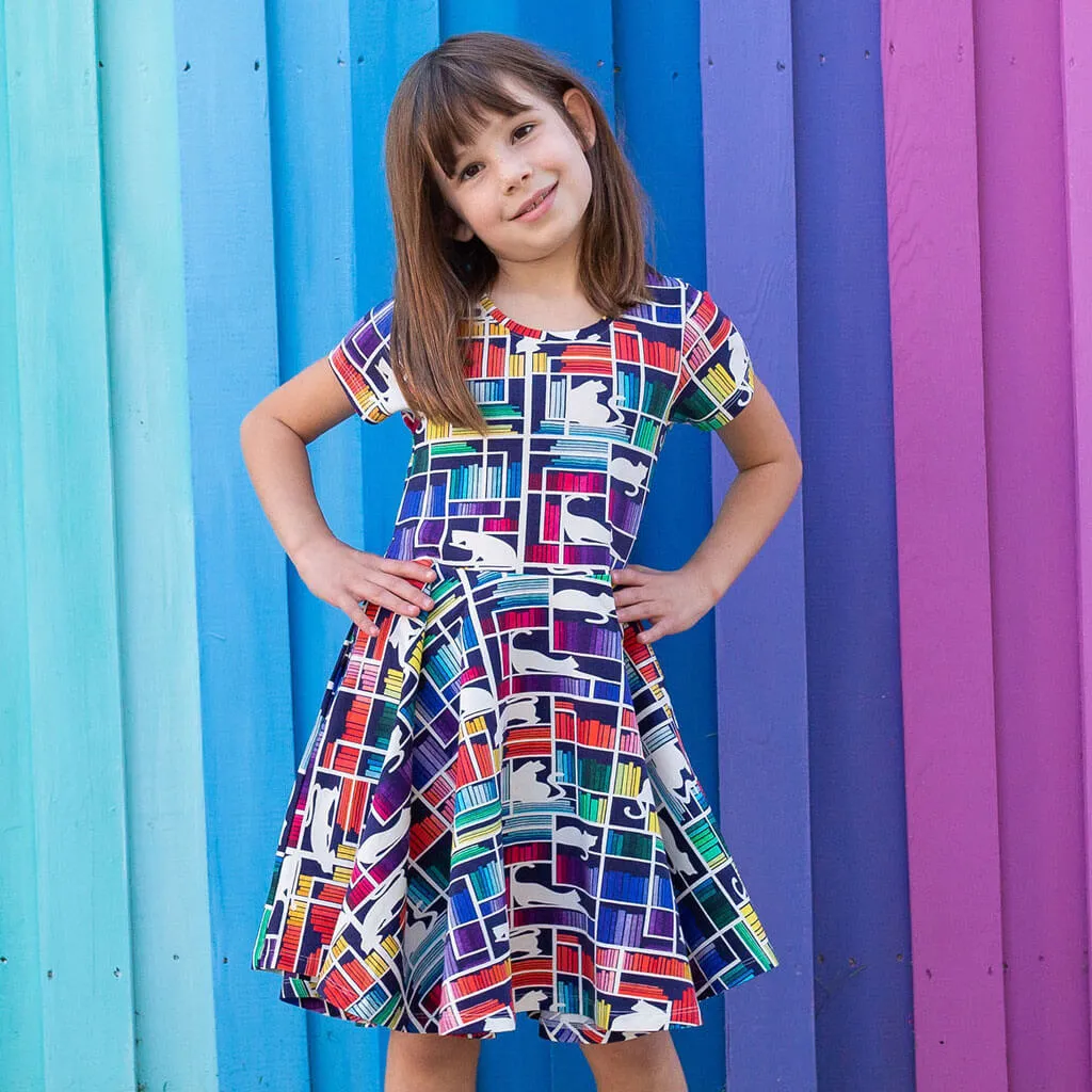 "Check Meowt" Rainbow Books & Cats Super Twirler Dress with Pockets