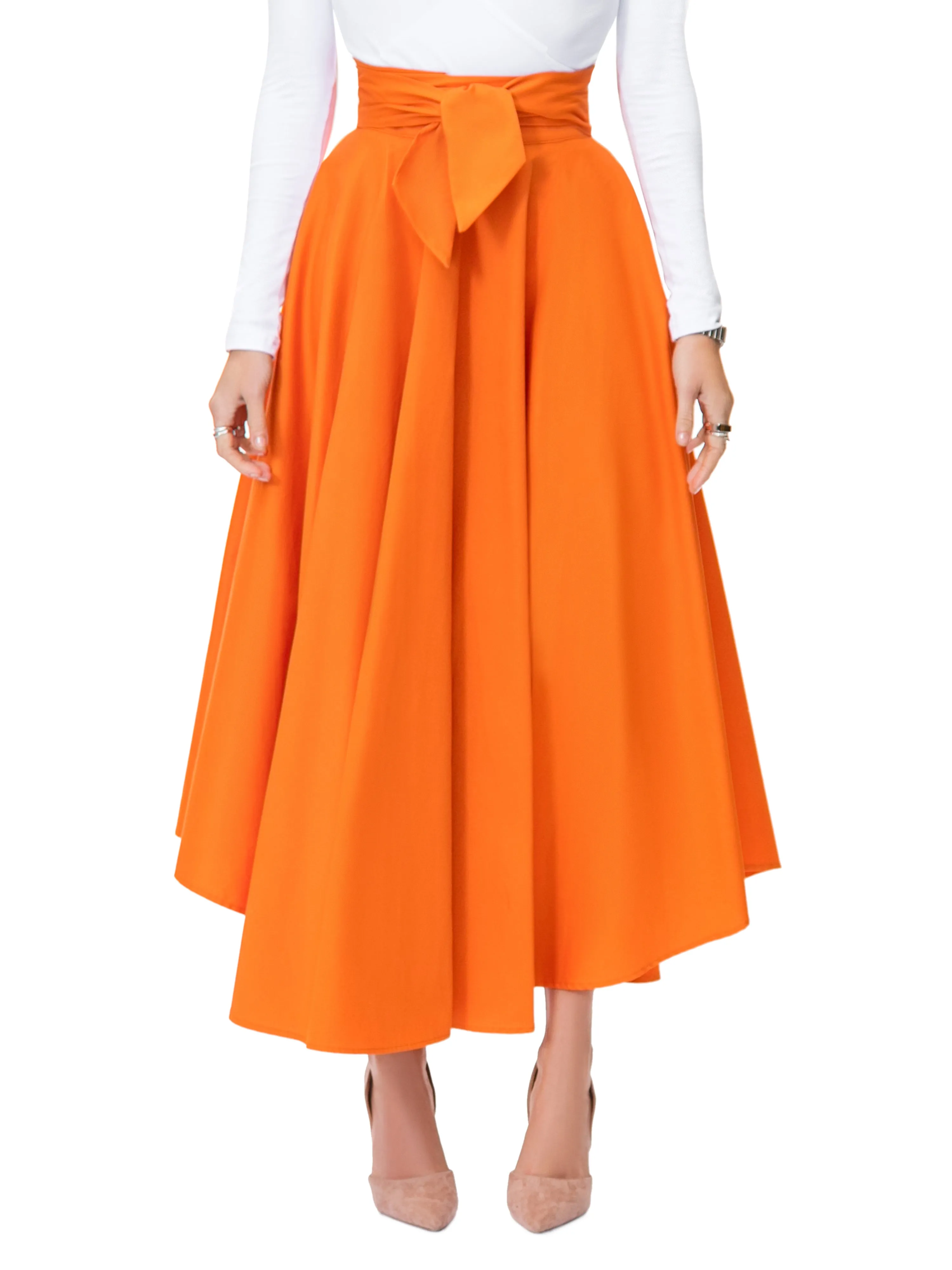 "Frances" Orange Belted Midi Skirt