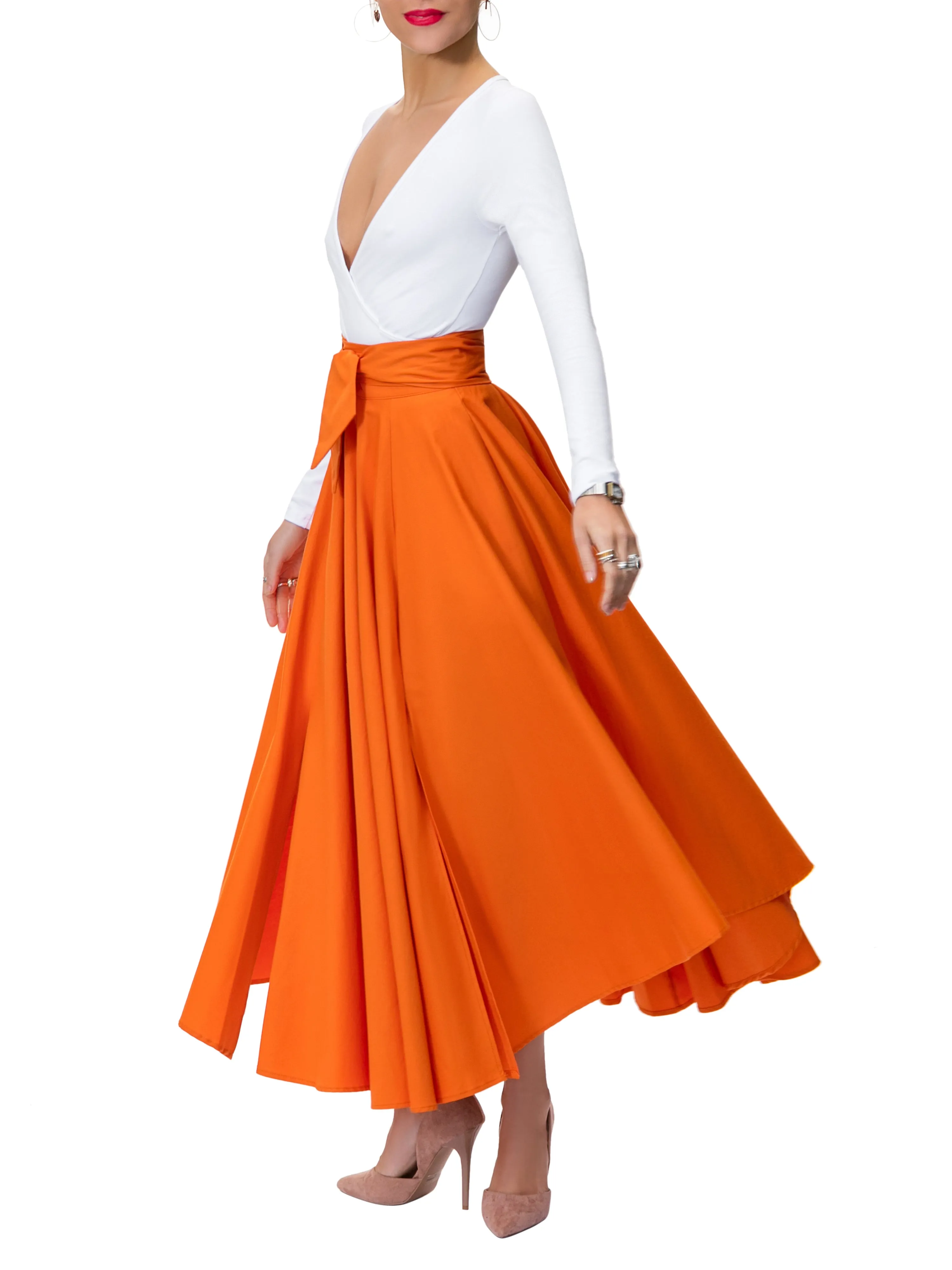 "Frances" Orange Belted Midi Skirt