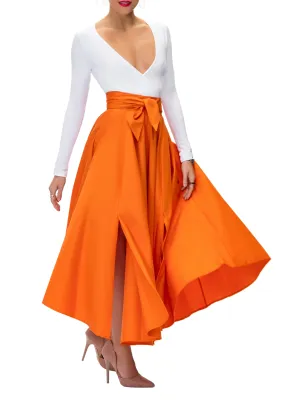 "Frances" Orange Belted Midi Skirt