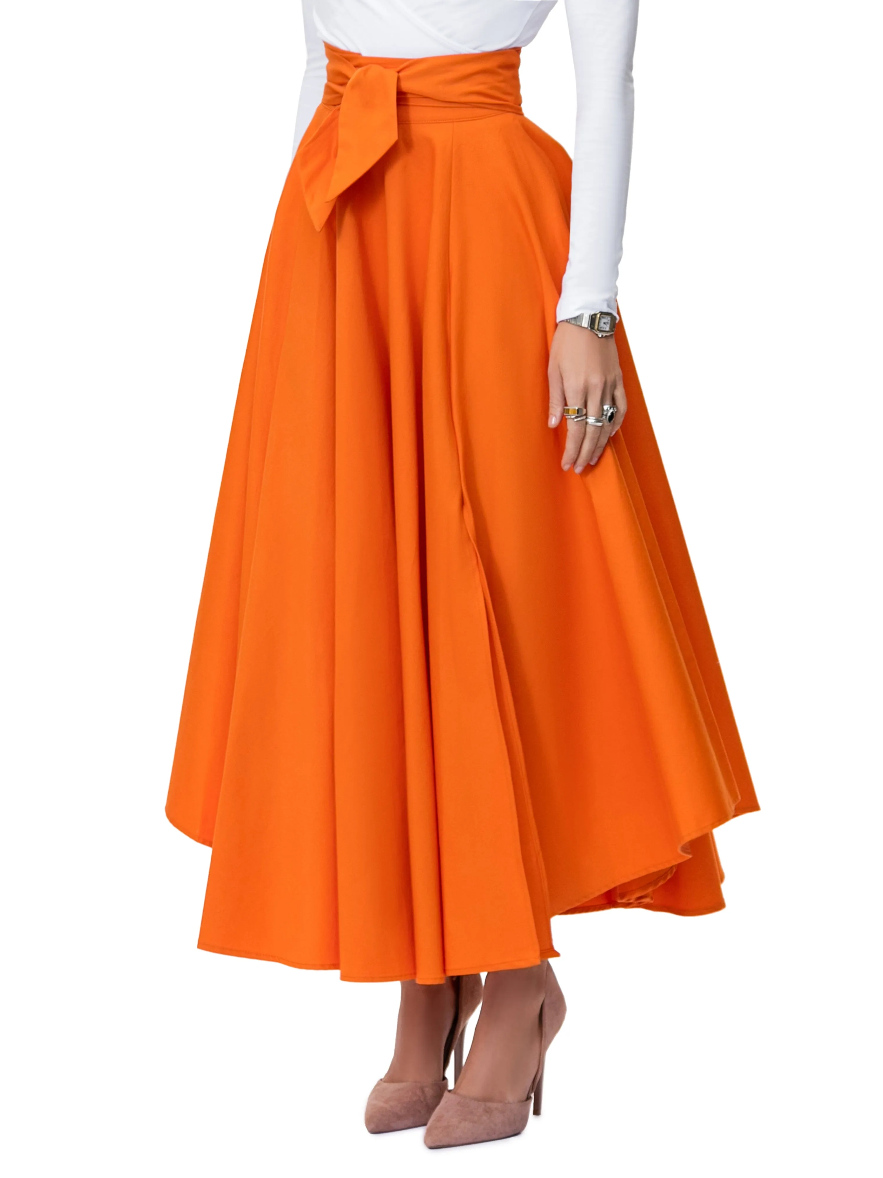 "Frances" Orange Belted Midi Skirt