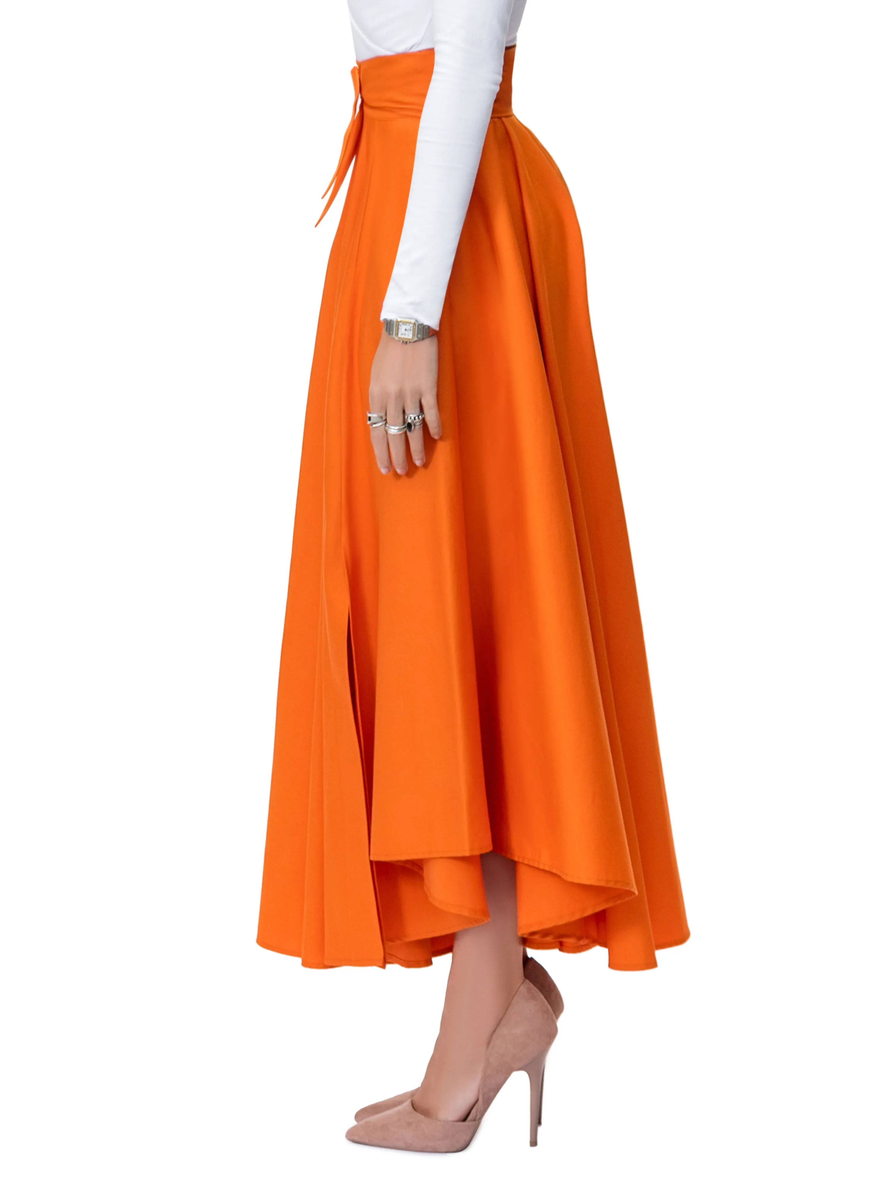 "Frances" Orange Belted Midi Skirt