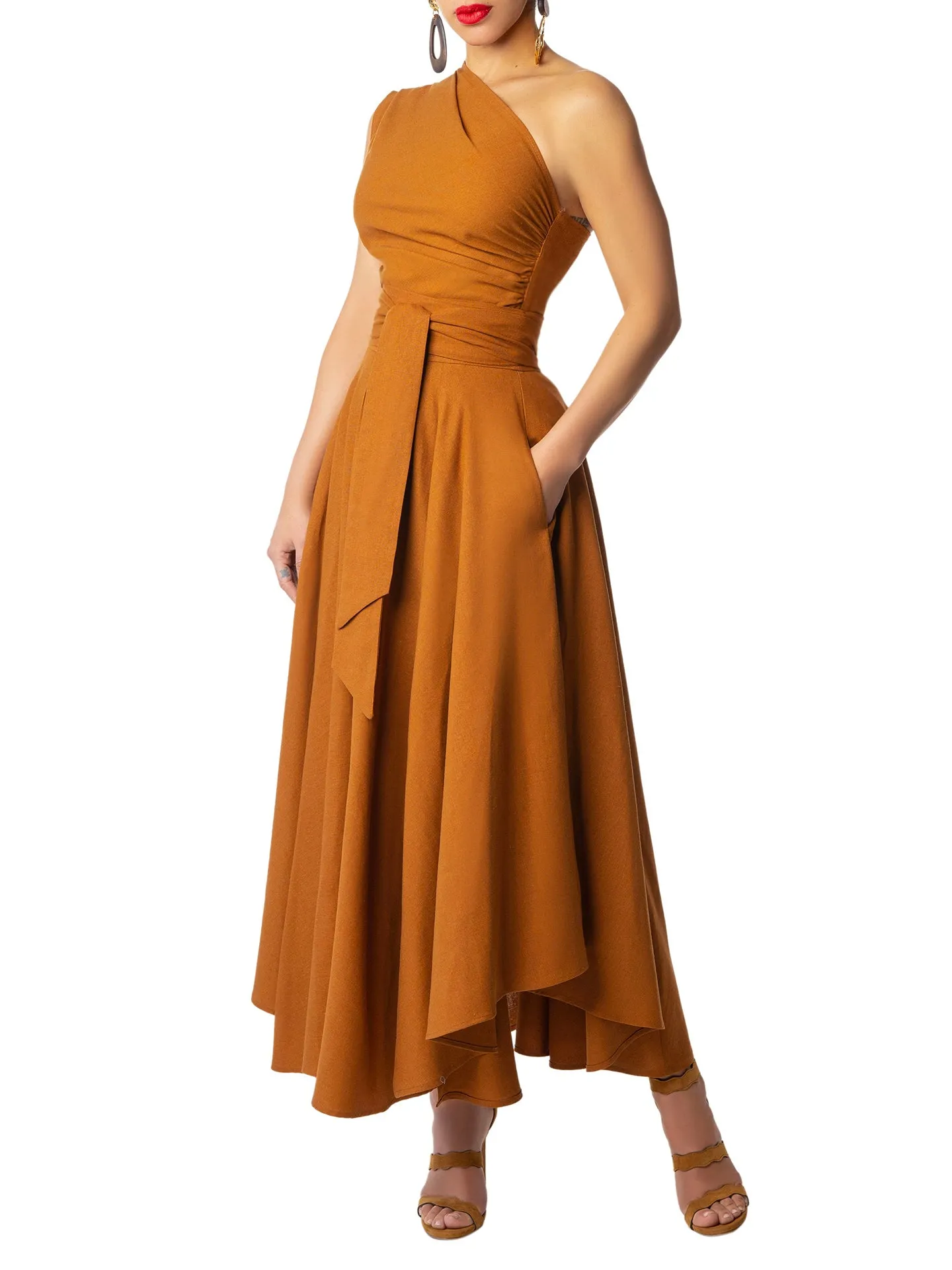 "Linden" Cognac Linen Belted Skirt