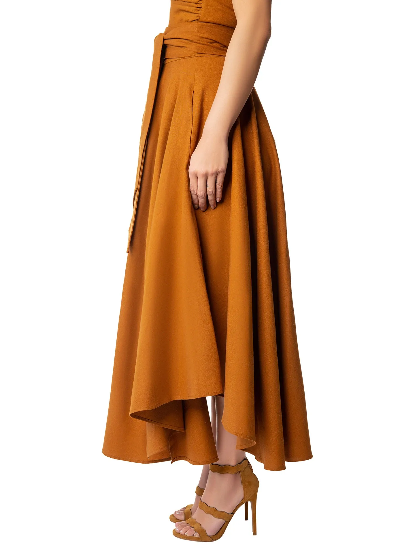 "Linden" Cognac Linen Belted Skirt