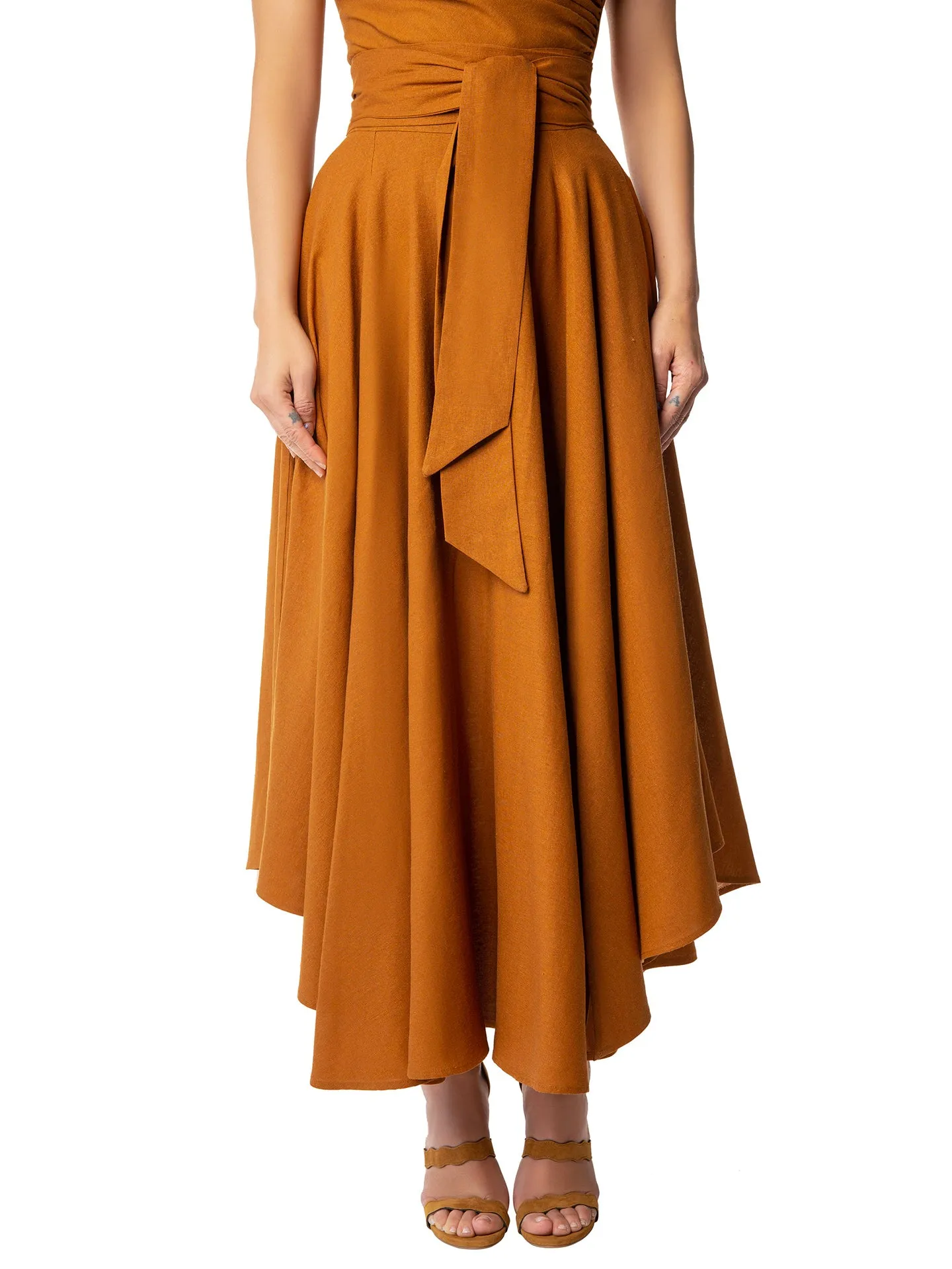 "Linden" Cognac Linen Belted Skirt